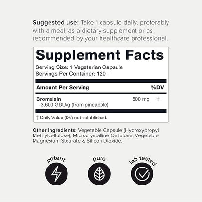 Ultra High Strength Bromelain 500mg - 3600 GDU/Gram - Highly Concentrated and Bioavailable - Third-Party Tested Formula - 120 Vegetarian Capsules - 120 Servings Per Container - Bromelain Supplement