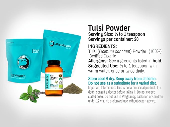DR WAKDE'S Tulsi Powder (Holy basil | Ocimum sanctum) - 100g (3.5oz) | Pure, Raw & Dried Powder | Natural Aroma and Freshness | Fine Powder | Vegan | Premium Grade | Nothing Added, Nothing Removed