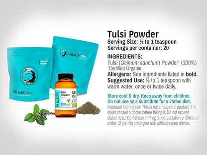 DR WAKDE'S Tulsi Powder (Holy basil | Ocimum sanctum) - 100g (3.5oz) | Pure, Raw & Dried Powder | Natural Aroma and Freshness | Fine Powder | Vegan | Premium Grade | Nothing Added, Nothing Removed