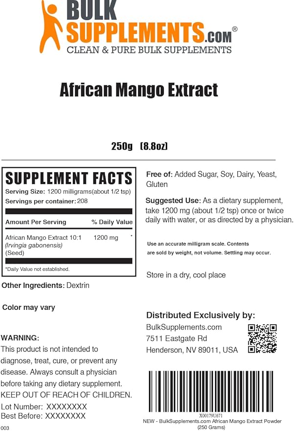 BulkSupplements.com African Mango Extract Powder - Irvingia Gabonensis, African Mango Powder - Gluten Free, 1.2g per Serving, 250g (8.8 oz) (Pack of 1)
