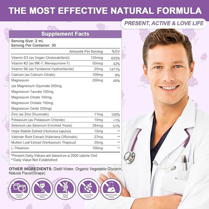 Magnesium Glycinate Liquid Drops - 1000mg 5-in-1 High Absorption Liquid Magnesium Complex with D3/K2/B6 | Fast-Acting, Bone, Muscle & Sleep | Sugar-Free Grape Flavor, 2fl Oz