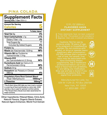 LEILO | Kava Powered Pina Colada Mocktail Drink | 12-Pack - Sugar-Free & Non-ALC Functional Relaxation Support | 12 fl oz Cans (Pack of 12)