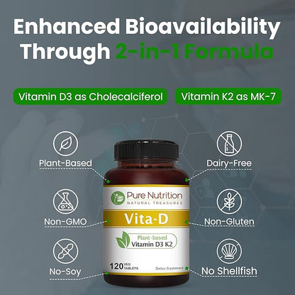 Pure Nutrition Vita D3 K2 - Plant Based Vitamin D3 K2 Supplement | 120 Tabs | Vitamin D3 6000 IU | Vitamin K2 as MK7 100mcg | Vitamin K2 D3 | Non GMO |