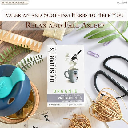 Dr Stuart's Organic Valerian Plus Tea 60 Teabags (15 Bags x Pack of 4) | Herbal Blend of Chamomile, Valerian Root & Fennel | Bedtime Tea Helps in Restful Sleep & Relaxation | Naturally Caffeine Free