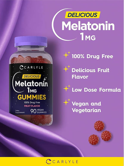 Carlyle Melatonin 1mg Gummies | 90 Count | Fruit Flavor Gummy Supplement | Vegan, Non-GMO, Gluten Free