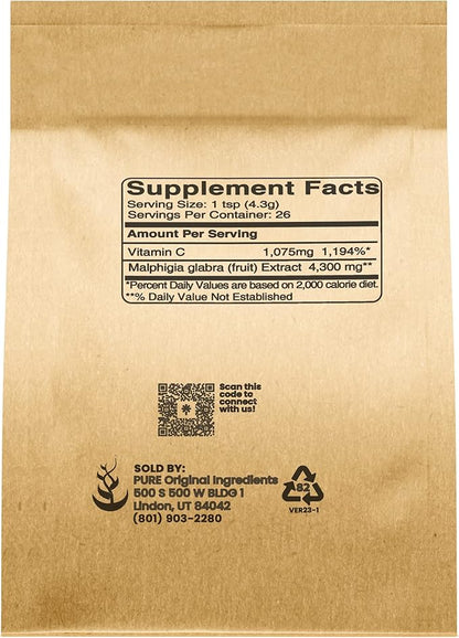 Pure Original Ingredients Acerola Cherry Powder 4oz Non-GMO, Gluten Free, Eco-Friendly Packaging