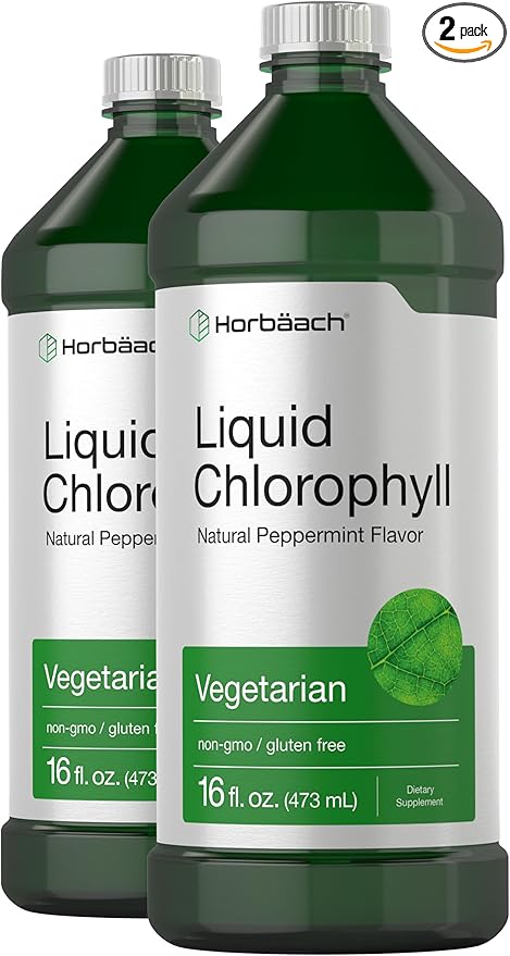 Horbäach Chlorophyll Liquid Drops | 100mg | 32 oz (2 x 16 oz Bottles) | Natural Peppermint Flavor | Vegetarian, Non-GMO, Gluten Free Supplement