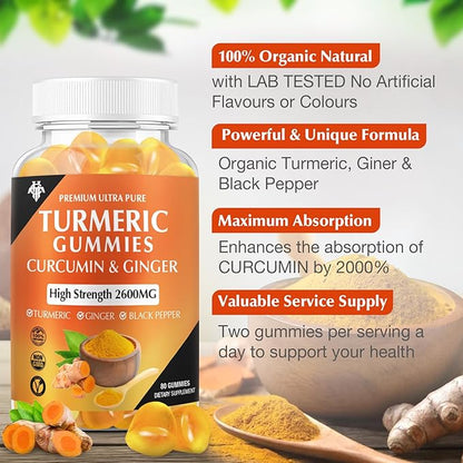 Turmeric Curcumin Gummies (1 Pack) - Turmeric Curcumin Supplements with Ginger & Black Pepper Gummies for Immune Muscle Support Healthy Skin - Vegan, Gluten Free, Low Sugar - for Adults