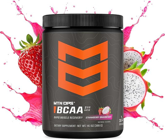 MTN OPS BCAA 2:1:1 Amino Acids Supplement Powder for Rapid Muscle Recovery & Repair with Zero Sugar & Gluten Free (30-Serving Tub, Strawberry Dragonfruit)