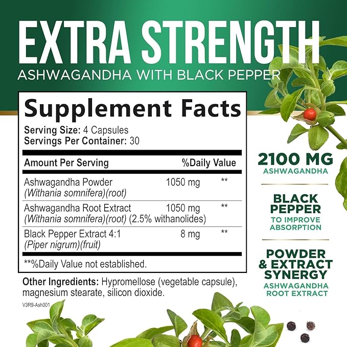 Herbal Ashwagandha 2,100 mg - Extra Strength Unwind, Calm & Relax Support with Black Pepper - Natural Focus & Energy Support - Ashwagandha Powder Supplements - Vegan, Gluten Free - 120 Capsules