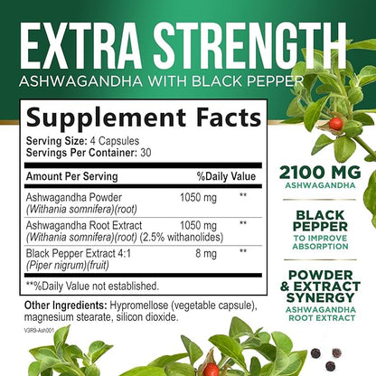 Herbal Ashwagandha 2,100 mg - Extra Strength Unwind, Calm & Relax Support with Black Pepper - Natural Focus & Energy Support - Ashwagandha Powder Supplements - Vegan, Gluten Free - 120 Capsules