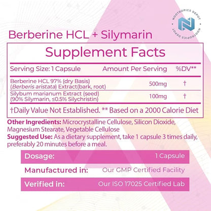 Nootropics Depot Berberine HCL + Silymarin Capsules | 500mg + 90mg | 60 Count | Supports Cellular Function, Metabolic Function