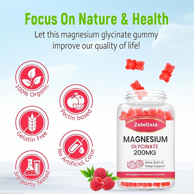 Magnesium Glycinate Gummies, High Absorption Magnesium Glycinate Supplements for Relaxation, Magnesium Chews for Adults and Kids, Raspberry Flavor 60 Count