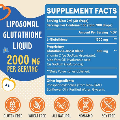 2000MG Liposomal Glutathione Liquid, 98% Absorption, Glutathione Liquid Supplement, Active Form L- Glutathione, Powerful Antioxidant Complex for Immune System, Aging Defense, Detox, 16 FL.OZ