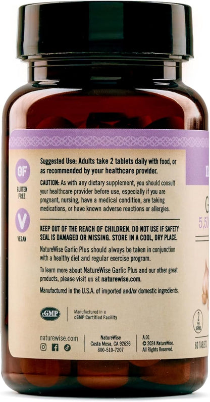 NatureWise Garlic Extract Supplement - Healthy Cholesterol & Blood Pressure Formula + B Vitamins, C, 5500mcg Allicin - Vegan Tablets w/Enteric Coating, Non-GMO, Gluten-Free, 60 Count [30-Day Supply]