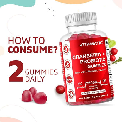 Vitamatic 2 Pack Vegan Cranberry Gummies with D-Mannose, Probiotic & Vitamin C for Women Urinary Tract Health - 25000mg Equivalent Per Serving (from 50:1 Extract 500 mg) - 60 Count