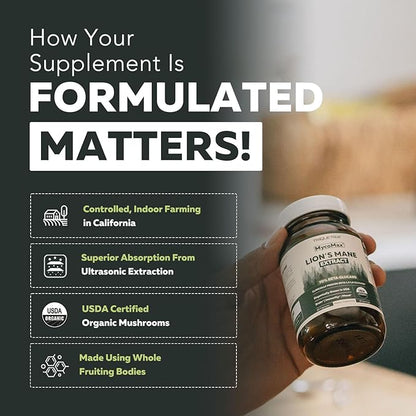 MycoMax Lions Mane Supplement - 70% Beta Glucans, Max Potency Organic Lions Mane Extract, US Grown + Ultrasonic Extraction - 500 mg serving - Supports Mental Clarity, Focus and Memory - 60 Capsules