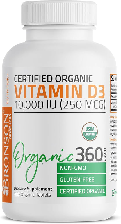 Bronson Vitamin D3 10,000 IU (250 mcg) Immune Support, Healthy Muscle Function & Bone Health, High Potency Organic Non-GMO Vitamin D Supplement, 360 Tablets