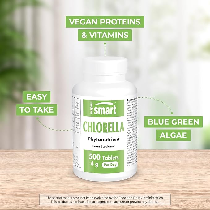 Supersmart - Chlorella Supplement 4 g per Day (Easy-to-Take) - Rich in Vitamin B2, B9, B12 & Iron - High Chlorophyll Concentration | Non-GMO & Gluten Free - 500 Tablets