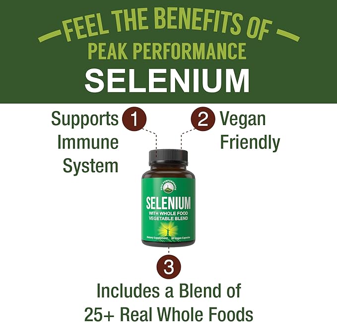 Selenium Supplement with Whole Food Blend of 25+ Vegetables and Fruits for Max Absorption. Pure Selenium Vegan Capsules for Immune System, Thyroid Support, Heart Health, Prostate Support. 30 Pills