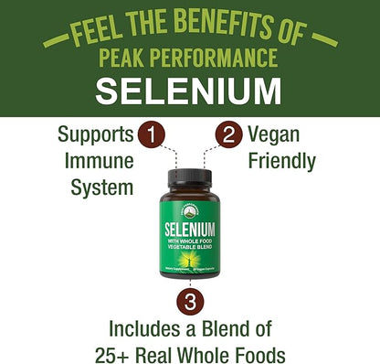 Selenium Supplement with Whole Food Blend of 25+ Vegetables and Fruits for Max Absorption. Pure Selenium Vegan Capsules for Immune System, Thyroid Support, Heart Health, Prostate Support. 30 Pills