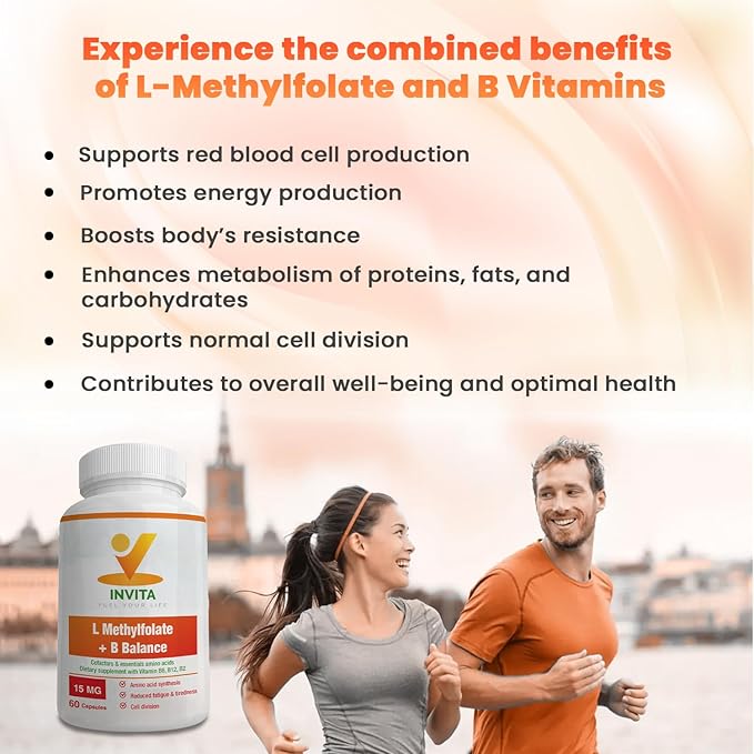 INVITA L-Methylfolate + B Balance (15mg) - 5-MTHF, B6, B2 & B12 Methylcobalamin B Complex - 60 Capsules - Professional Strength Active Methyl Folate - Non GMO, Gluten Free, No Fillers