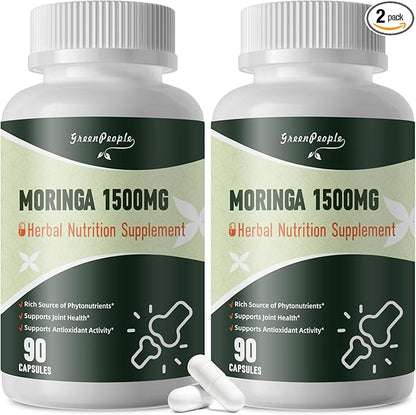 Moringa Pure Capsules, Rich Moringa Powder, A Natural Green Antioxidant Superfood - Supports Energy, Skin Health, Gut Health, with Essential Vitamins & Amino Acids 90pcs*2