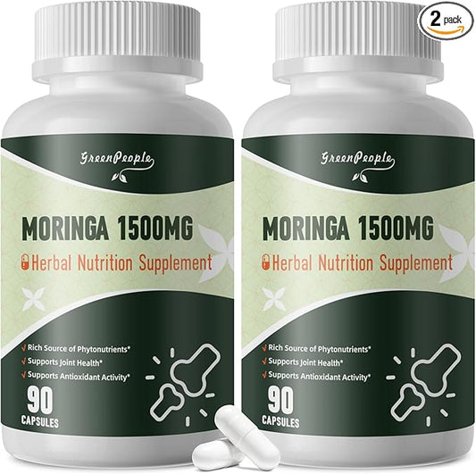 Moringa Pure Capsules, Rich Moringa Powder, A Natural Green Antioxidant Superfood - Supports Energy, Skin Health, Gut Health, with Essential Vitamins & Amino Acids 90pcs*2