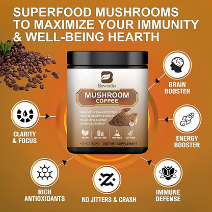 Mushroom Coffee - Lions Mane Mushroom Powder Instant Coffee with Lion's Mane, Reishi, Chaga, Cordyceps, and Turkey Tail - Mushroom Coffee Alternative for Energy,Focus, Brain Booster - Chocolate