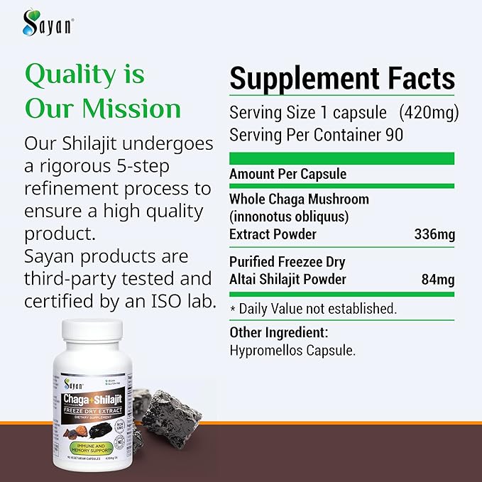 Sayan Siberian Chaga Mushroom Extract with Shilajit 90 Capsules/420mg ea.– Immune and Digestion System Support – Fulvic Acid Supplement – Energy & Clarity – Exclusive Blend – No Fillers