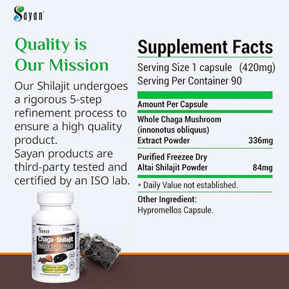 Sayan Siberian Chaga Mushroom Extract with Shilajit 90 Capsules/420mg ea.– Immune and Digestion System Support – Fulvic Acid Supplement – Energy & Clarity – Exclusive Blend – No Fillers