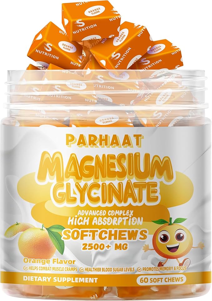 Magnesium Glycinate Soft Chews, Orange Flavor.Chewable Sugar Free Potassium Magnesium Chews with Magnesium Glycinate, Vitamin D, B6, and CoQ10 for Calm Support & Sleep for Adults, 60 Days Supply
