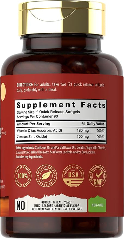 Carlyle Zinc Supplement 100mg with Vitamin C | 180 Softgels | Non-GMO, Gluten Free | Tahoe Nutritionals