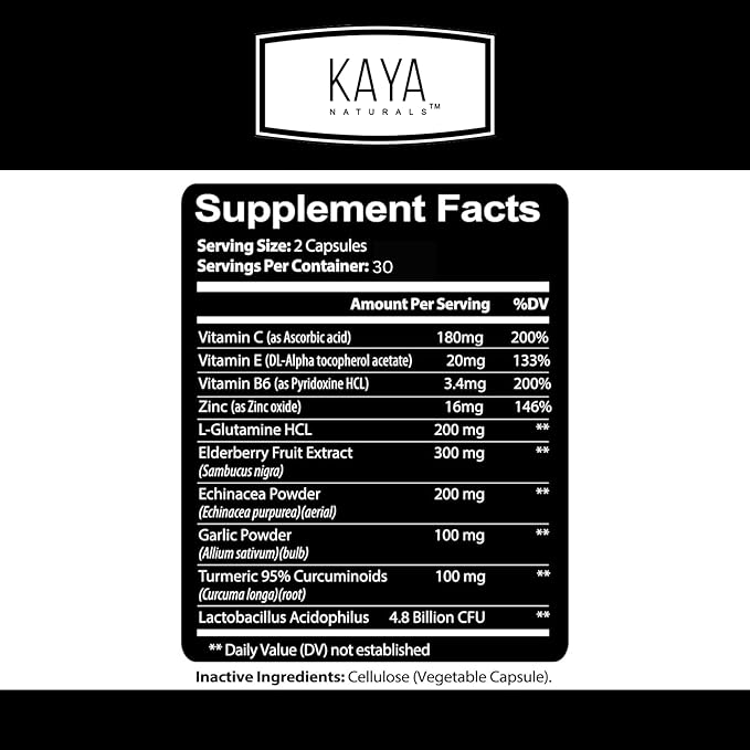 Kaya Naturals Elderberry Immune Support, Elderberry with Zinc and Vitamin C for Adults Vitamins, Probiotics & Turmeric 1000mg Immune System Booster Sambucus Capsules - 60 Count