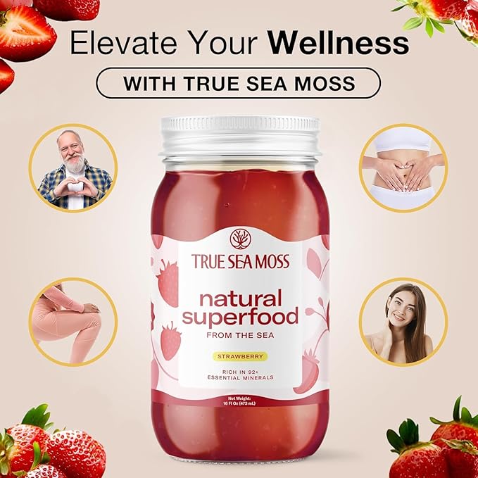 TrueSeaMoss Wildcrafted Irish Sea Moss Gel – Nutritious Organic Raw Seamoss Rich in Minerals, Proteins & Vitamins – Antioxidant Health Supplement, Vegan-Friendly Made in USA (Strawberry, Pack of 3)