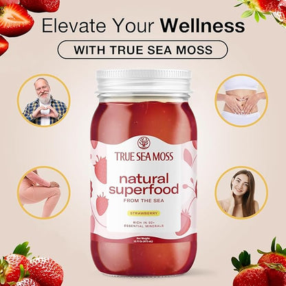 TrueSeaMoss Wildcrafted Irish Sea Moss Gel – Nutritious Organic Raw Seamoss Rich in Minerals, Proteins & Vitamins – Antioxidant Health Supplement, Vegan-Friendly Made in USA (Strawberry, Pack of 3)