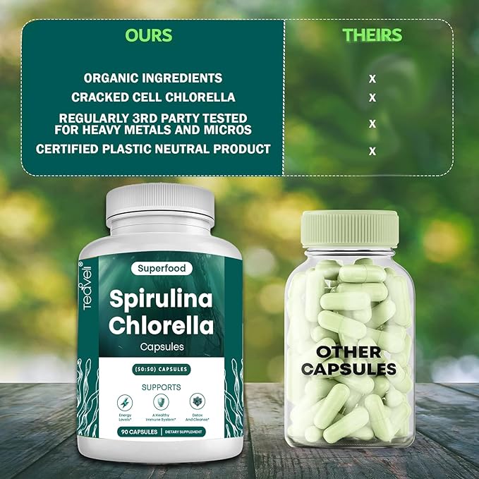 Organic Spirulina and Chlorella Capsules – Chlorophyll Pills & Blue Green Algae to Support Powerful Detox, Energy & A Healthy Immune System– 3X More Chlorella Spirulina Powder/Serving – 90 Ct