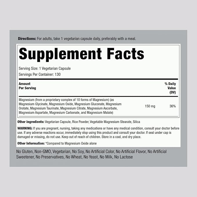 Piping Rock Magnesium 10 in One Complex | 130 Capsules | Supplement for Men and Women | Vegetarian, Non-GMO, Gluten Free