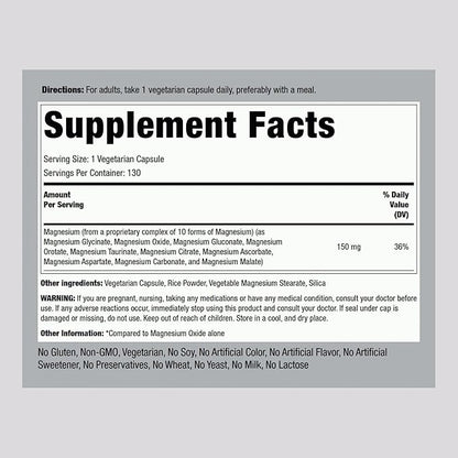Piping Rock Magnesium 10 in One Complex | 130 Capsules | Supplement for Men and Women | Vegetarian, Non-GMO, Gluten Free