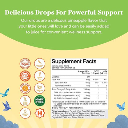 Kids DHA Omega 3 Drops - Fatty Acids Omega 3 6 9 for Brain, Immune Aid & Vision - Nutritional DHA for Kids for Healthy Nervous System & Focus Support - Liquid Supplement with EPA & ALA - 60 mL x2
