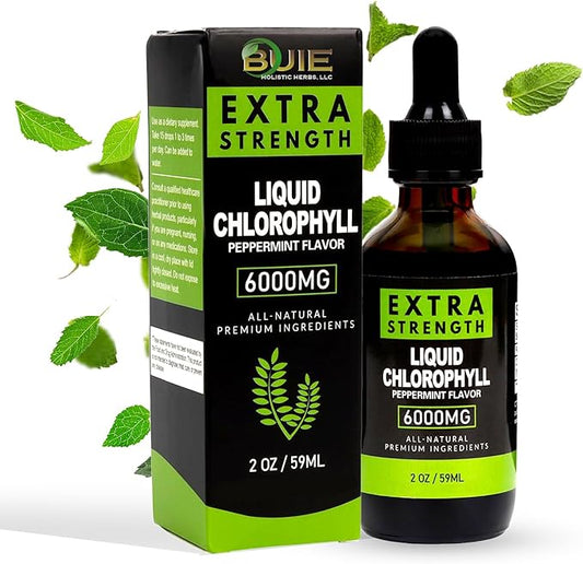 BUIE Liquid Chlorophyll Drops 6000mg | Peppermint Flavor | Vegan Supplement | Supports Immune System, Improves Cellular Energy | Extra Strength | 2 oz / 59ml