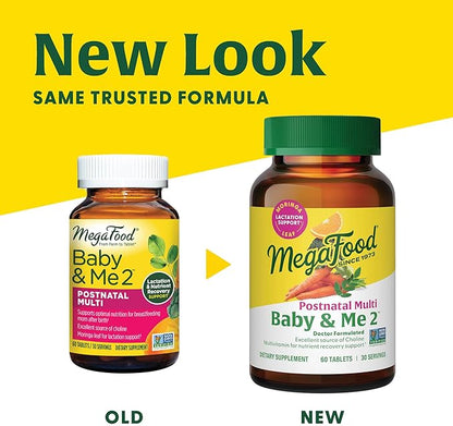 MegaFood Baby & Me 2 Postnatal Vitamins for Women Breastfeeding with Folate (Folic Acid Natural Form), Choline, Iodine, Vitamin D, Moringa Leaf and More - 120 Tabs (60 Servings)