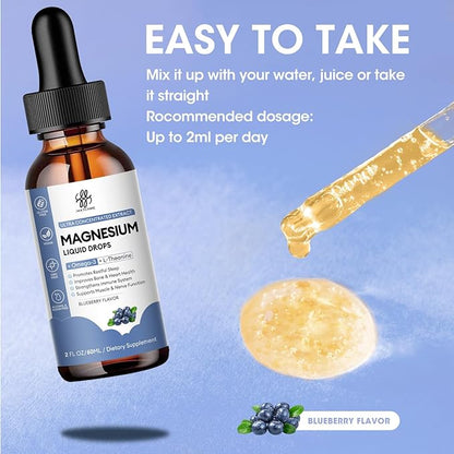 Magnesium Glycinate Liquid, Magnesium Complex Supplement with Omega3, L-Theanine and Vitamin for Calm, Sleep Support, Muscle Relief, Non GMO, Blueberry Flavor, 2 Fl Oz