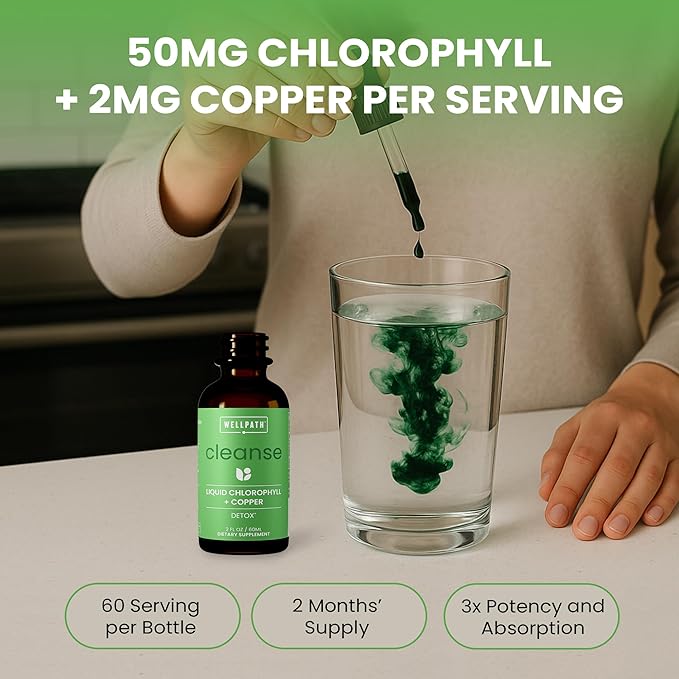 WellPath Chlorophyll Liquid Drops with Copper - High Potency Vegan Liquid Chlorophyll for Body Odor, Liver Detox, Digestion Support & Immune Support - Internal Deodorant, Made in USA, Non-GMO, 2 Fl Oz