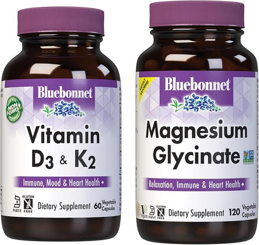 BlueBonnet Nutrition Vitamin D3 and K2, and Magnesium Glycinate Vegetable Capsules Bundle