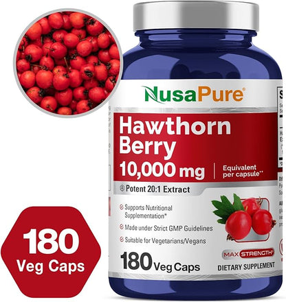 NusaPure Hawthorn Berry 10,000mg per Veggie Caps, 180 Count, Extract 20:1, Vegan, Non-GMO