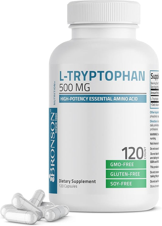 Bronson L-Tryptophan 500 MG High Potency Essential Amino Acid Supports Relaxation & Positive Mood Support Non-GMO, 120 Capsules