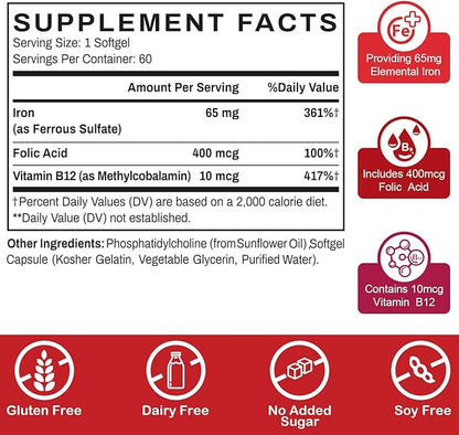 Liposomal Fe Iron Supplement for Women,65 mg Iron Supplements with Folic Acid & Vitamin B12 for Men,Red Blood Cell Production,Energy Support for Adults Iron Deficiency 60 Softgels(1 Bottle)