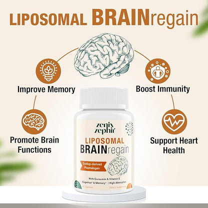 Liposomal Brain Supplements for Memory and Focus - Plasmalogen with Curcumin & Vitamin E for Better Absorption- Suitable for Seniors,Adult Men & Women Cognitive Health,High Potency 120 Servings