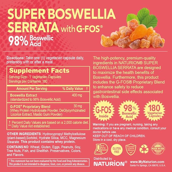 Super Boswellia Serrata with G-FOS - 98% Boswellic Acid - Supports Joint & Mobility Health - 180 Vegan Capsules, 180 Day Supply